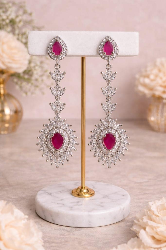 ✨Elegant Silver Plated Ruby Pink Stone & CZ Long Dangler Earrings ✨ view 2