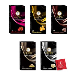 Cupid Dotted & Flavoured Condoms (Mango, Strawberry, Chocolate, Butterscotch & Vanilla Flavour) Pack of 5 | Lubricated & Multitextured Condoms | For Her Enhanced Pleasure | Pack of 5, 12 Pcs Each