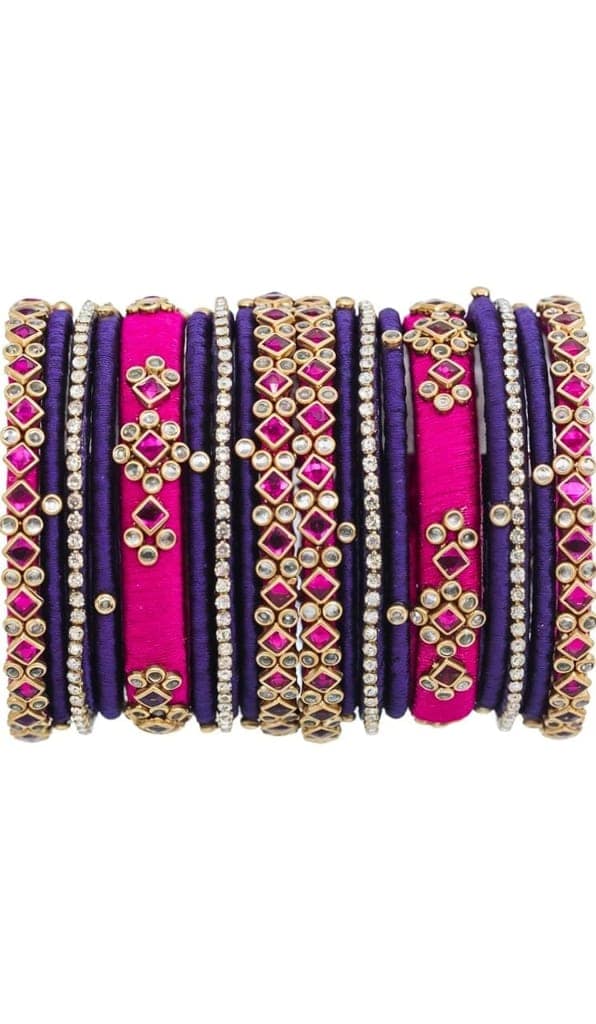 Set of 12 Silk Thread Bangles with Rhinestone Accents**