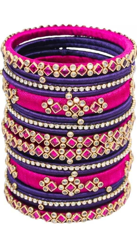 Set of 12 Silk Thread Bangles with Rhinestone Accents** view 2