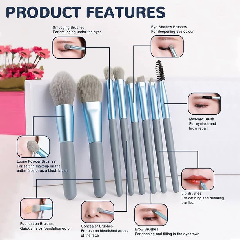 8 Piece Makeup Brush Set with Aluminum Tube and Soft Bristles view 3