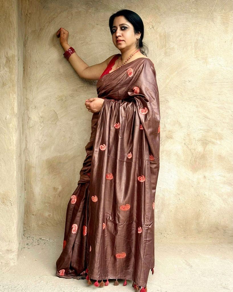 Silkmark Certified Pure Tussar Silk Embroidered Saree Coffee Brown Color with Embroidery Color Blouse (Tussar by Tussar)-7924