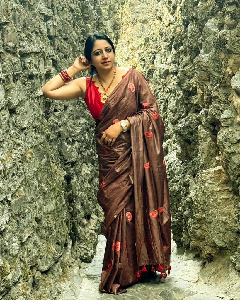 Silkmark Certified Pure Tussar Silk Embroidered Saree Coffee Brown Color with Embroidery Color Blouse (Tussar by Tussar)-7924 view 10
