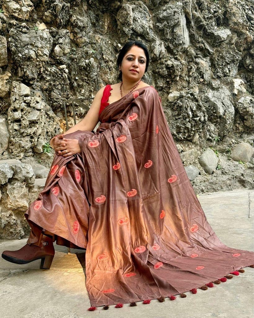 Silkmark Certified Pure Tussar Silk Embroidered Saree Coffee Brown Color with Embroidery Color Blouse (Tussar by Tussar)-7924 view 2