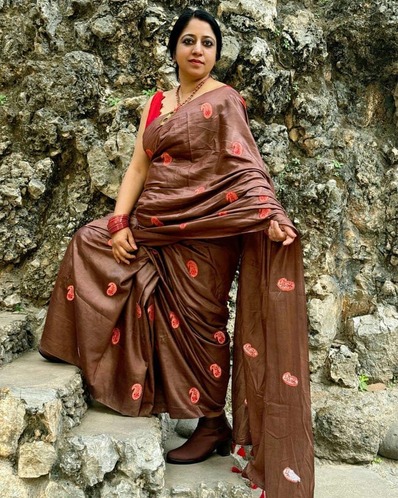Silkmark Certified Pure Tussar Silk Embroidered Saree Coffee Brown Color with Embroidery Color Blouse (Tussar by Tussar)-7924 view 3