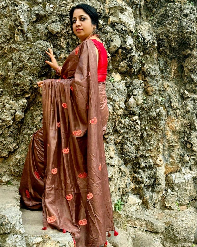 Silkmark Certified Pure Tussar Silk Embroidered Saree Coffee Brown Color with Embroidery Color Blouse (Tussar by Tussar)-7924 view 4