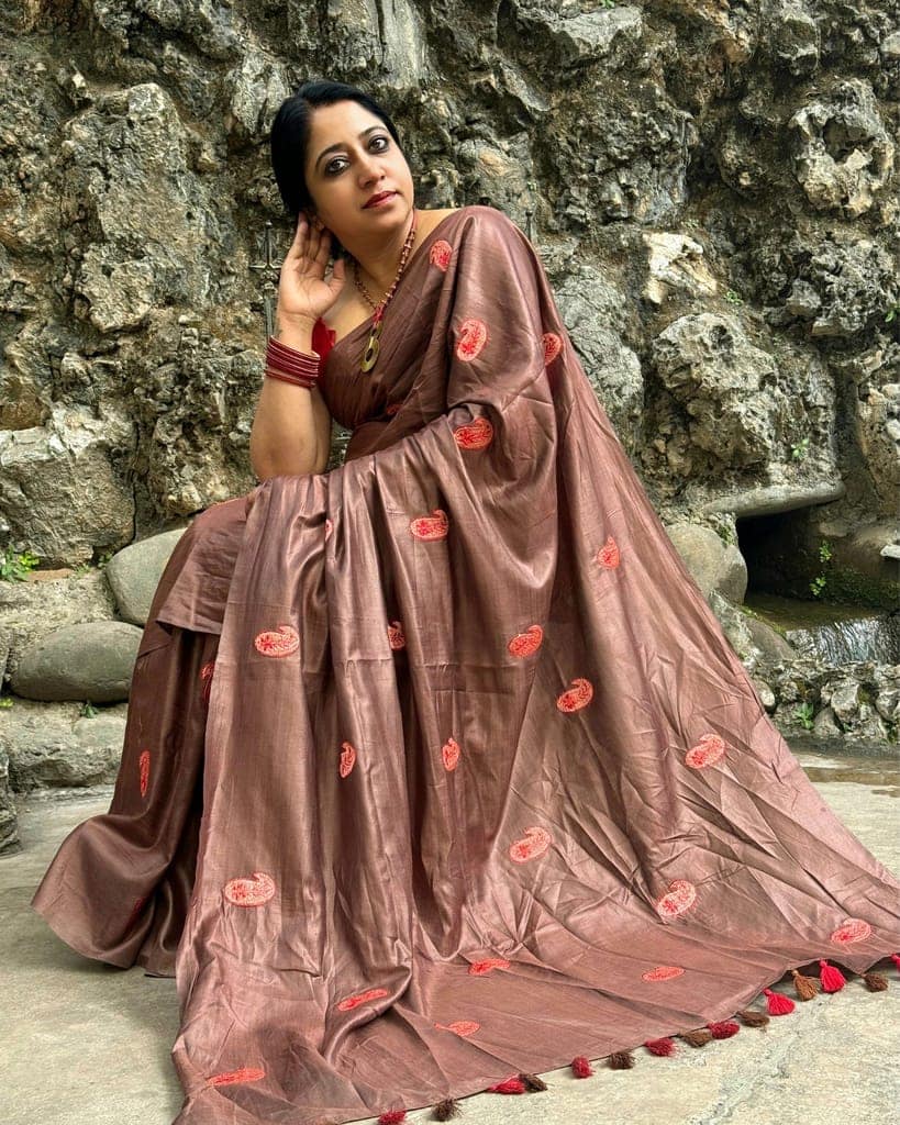 Silkmark Certified Pure Tussar Silk Embroidered Saree Coffee Brown Color with Embroidery Color Blouse (Tussar by Tussar)-7924 view 5