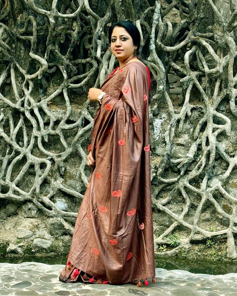 Silkmark Certified Pure Tussar Silk Embroidered Saree Coffee Brown Color with Embroidery Color Blouse (Tussar by Tussar)-7924 view 7