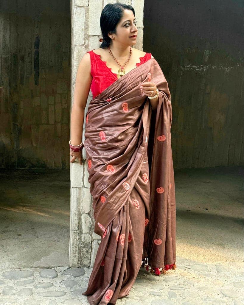 Silkmark Certified Pure Tussar Silk Embroidered Saree Coffee Brown Color with Embroidery Color Blouse (Tussar by Tussar)-7924 view 9