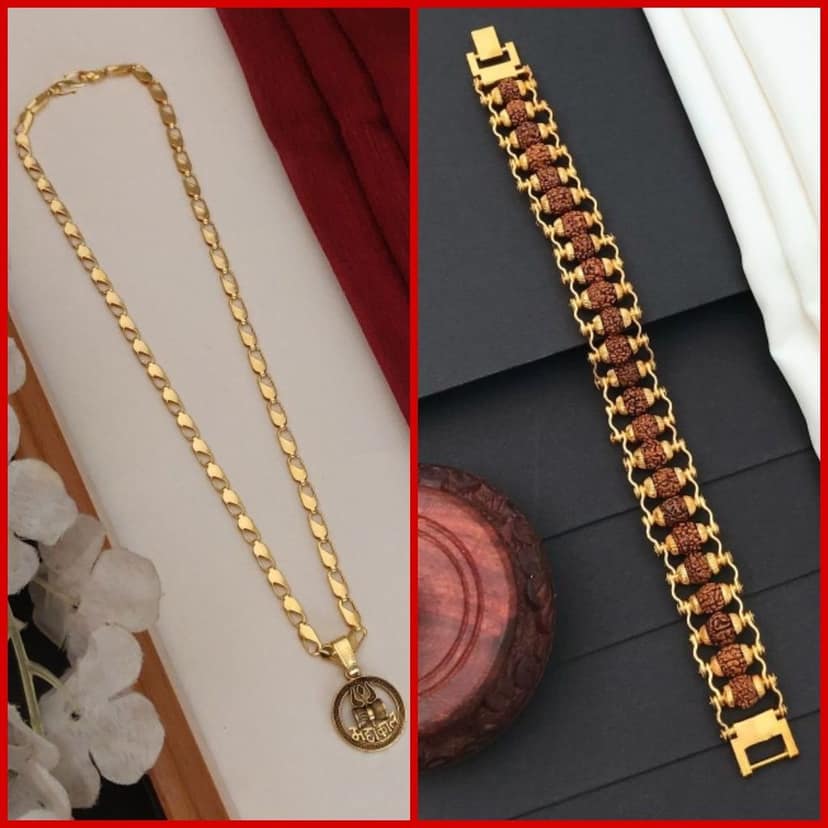Mahakal Fancy Gold Plated Long CHAIN-PENDANLE & Gold Rudraksha Bracelet For Man's and Boy's (COMBO PACK OF 2 PIC)