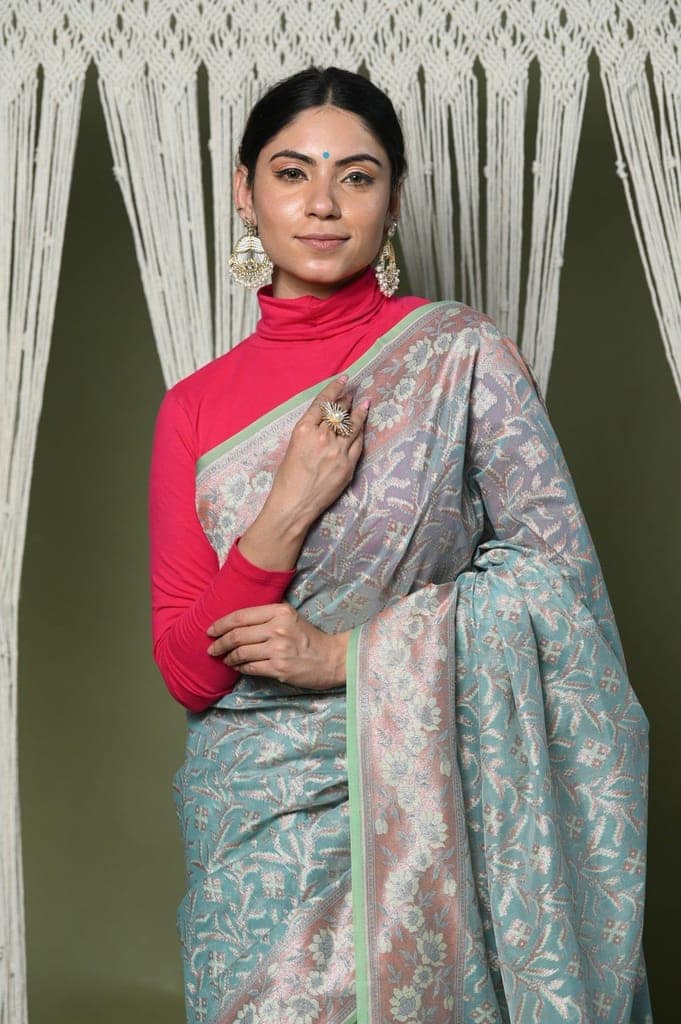 Exclusive High Quality Handloom Banarasi Cotton Saree with Beautiful Abstract Print ~ Sky Blue view 2