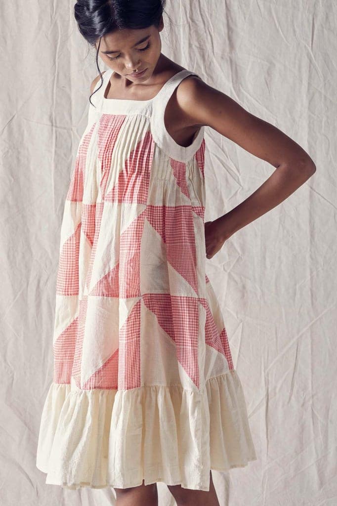 Pieced Sleeveless Summer Dress With Pleats In Red And Off White Checks Cotton Khadi Mulmul view 3