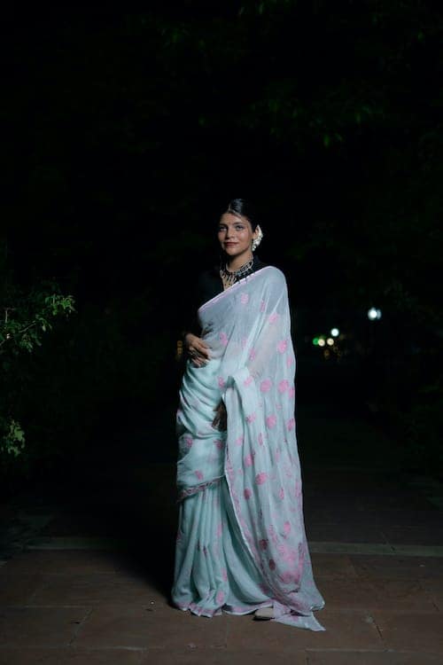 Shwet Sea green Chikankari Kota Cotton Saree view 3