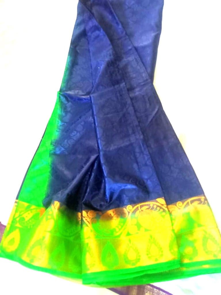 Blue and Green Traditional Saree with Golden Border view 3