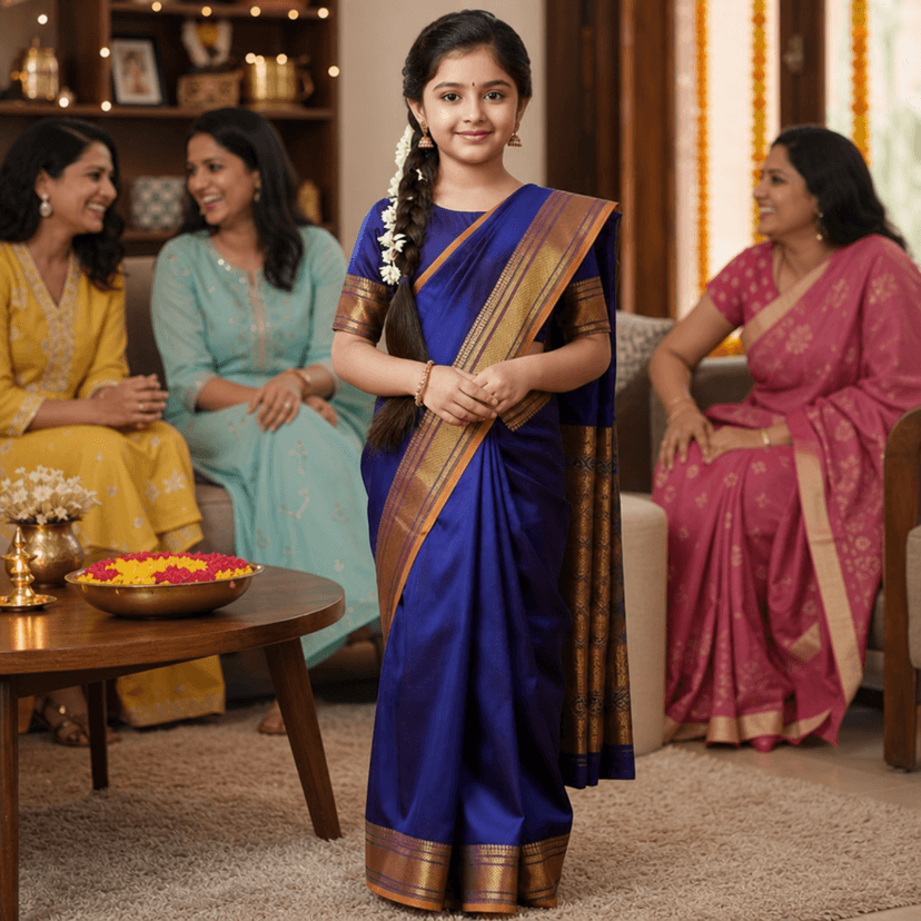 Mom and Me Pre-Stitched Belgaon Silk Saree for Kids | Golden Zari Border | Festive Wear (Blue) view 3