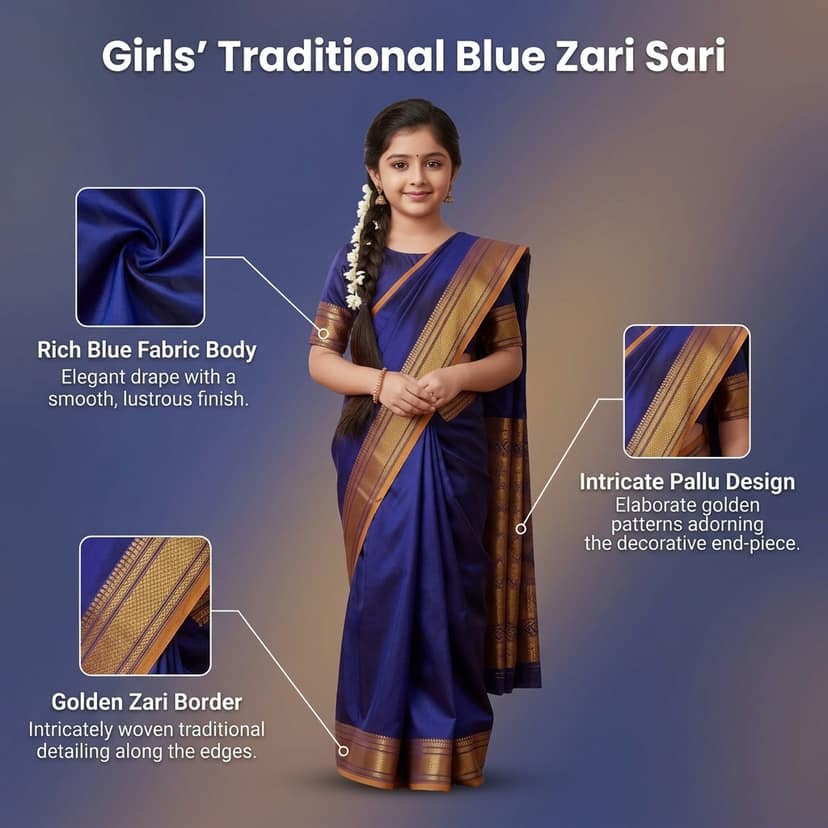 Mom and Me Pre-Stitched Belgaon Silk Saree for Kids | Golden Zari Border | Festive Wear (Blue) view 4