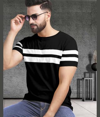 AOOSH Cotton Blend Regular Fit Colorblock Half Sleeves Men's Round T-Shirt - Black ( Pack of 1 )