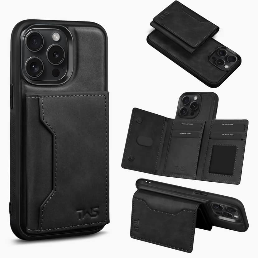 The Wallet Store Premium Leather iPhone Case Cover With Detachable Cardholder - Black - iPhone 15 Pro