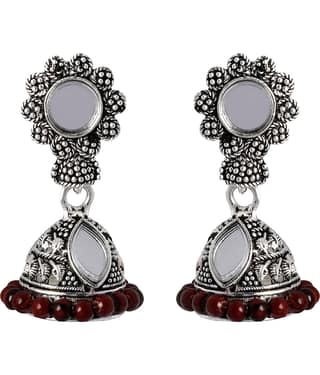 SILVER SHINE Trendy Maroon Mirror with Beads Jhumki Earrings