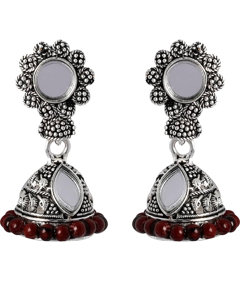 SILVER SHINE Trendy Maroon Mirror with Beads Jhumki Earrings