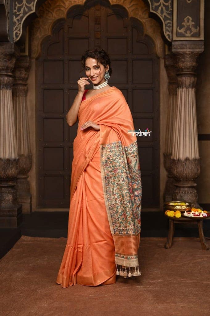 Parampara ~ Elegant Sunset Glow Cotton Viscose Saree with Exquisite Hand-Painted Madhubani Art view 2