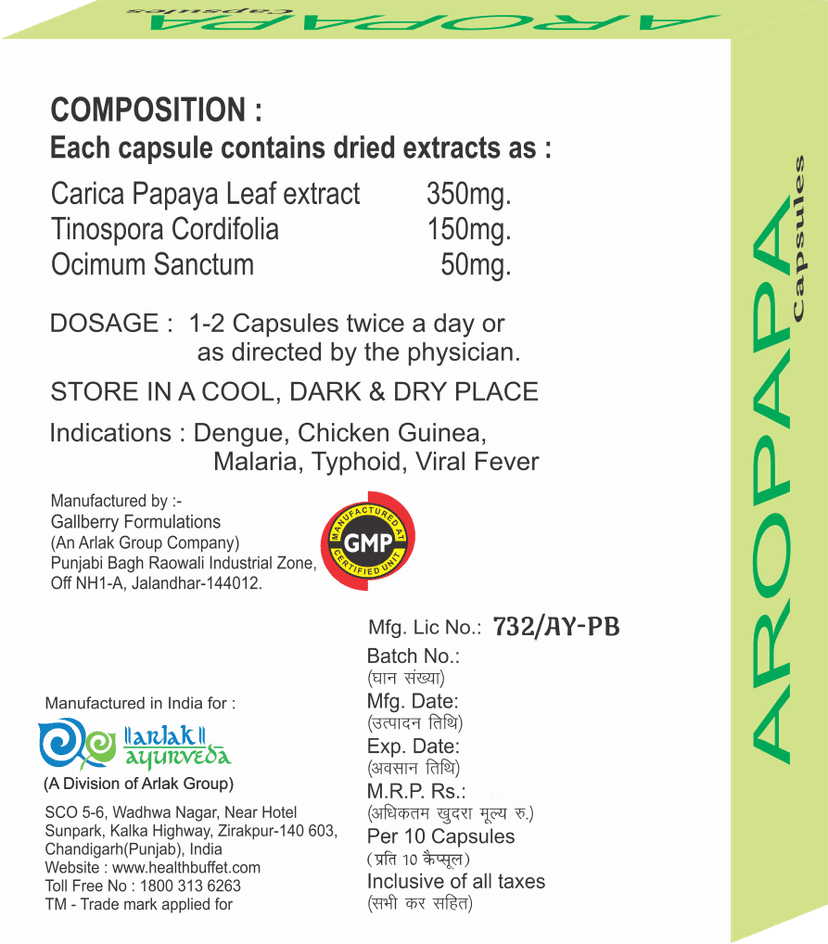 Arlak Aropapa Papaya Leaf Capsules For Boosting Immunity & Improves Blood Platelets (30 Capsules) view 2