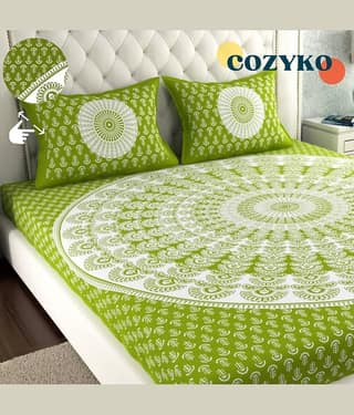 COZYKO Cotton 1 Double Queen Bedsheet with 2 Pillow Covers ( Green )
