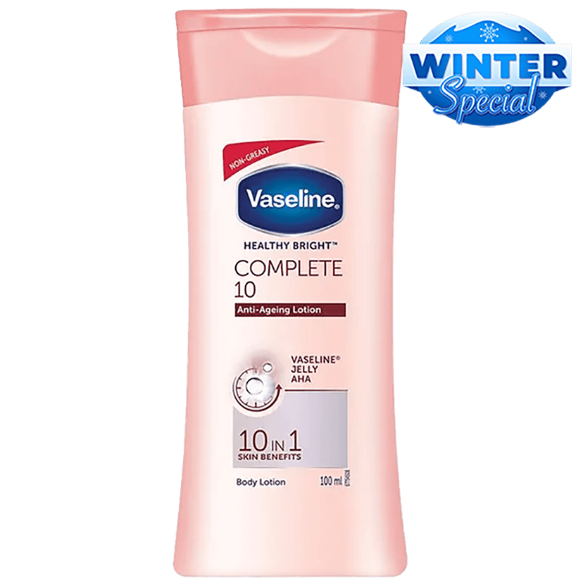 Vaseline Healthy Bright Complete 10 Anti-Ageing Body Lotion - 10 In 1 Skin Benefits + Vaseline Jelly, Aha, Non-Greasy, 100 Ml
