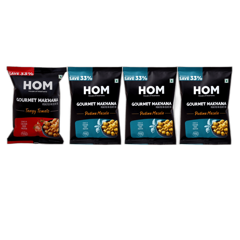 Gourmet Makhana (Pack of 4) with flavors of 3 Pudina Masala and 1Tangy Tomato. - 56 gm