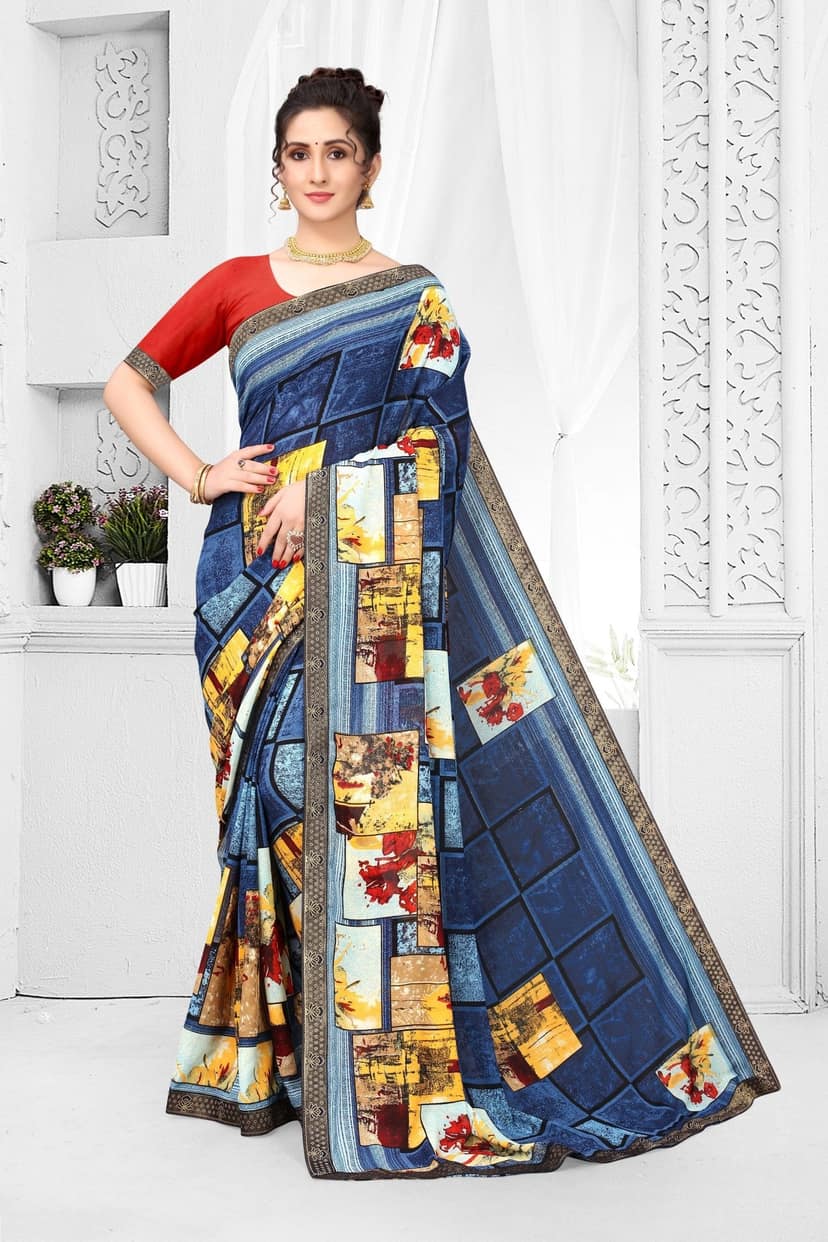 TheHangr Beautiful Printed Pure Georgette Saree Less Border With Cotton Silk Blouse Piece - Steel Blue