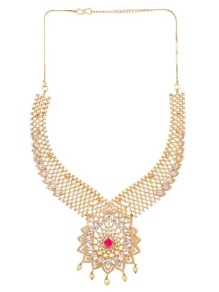 Cardinal Gold Plated Brass American Diamond Red Stone Necklace Set