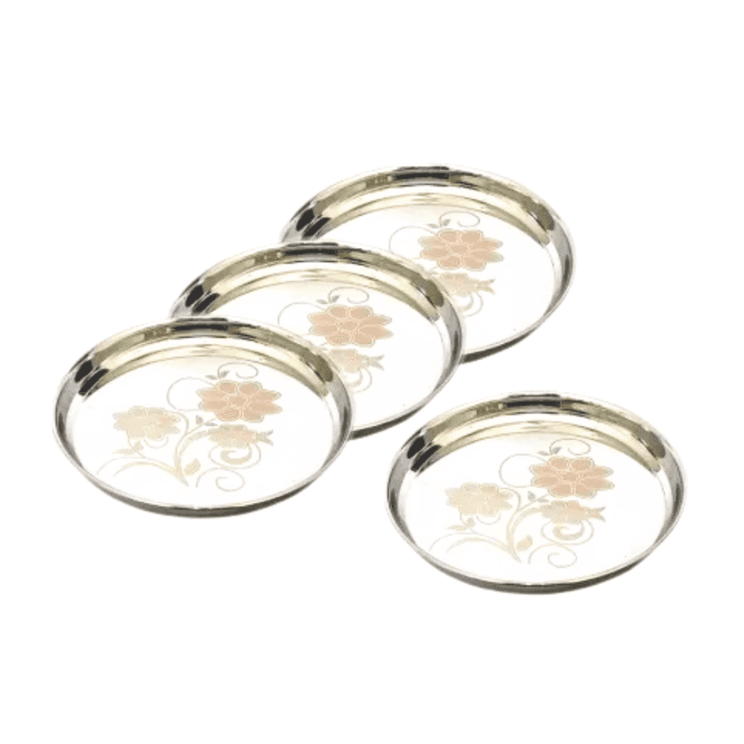 SHINI LIFESTYLE Stainless Steel Plate, khumcha Thali, Floral design, Light weight dinner plate 4pc