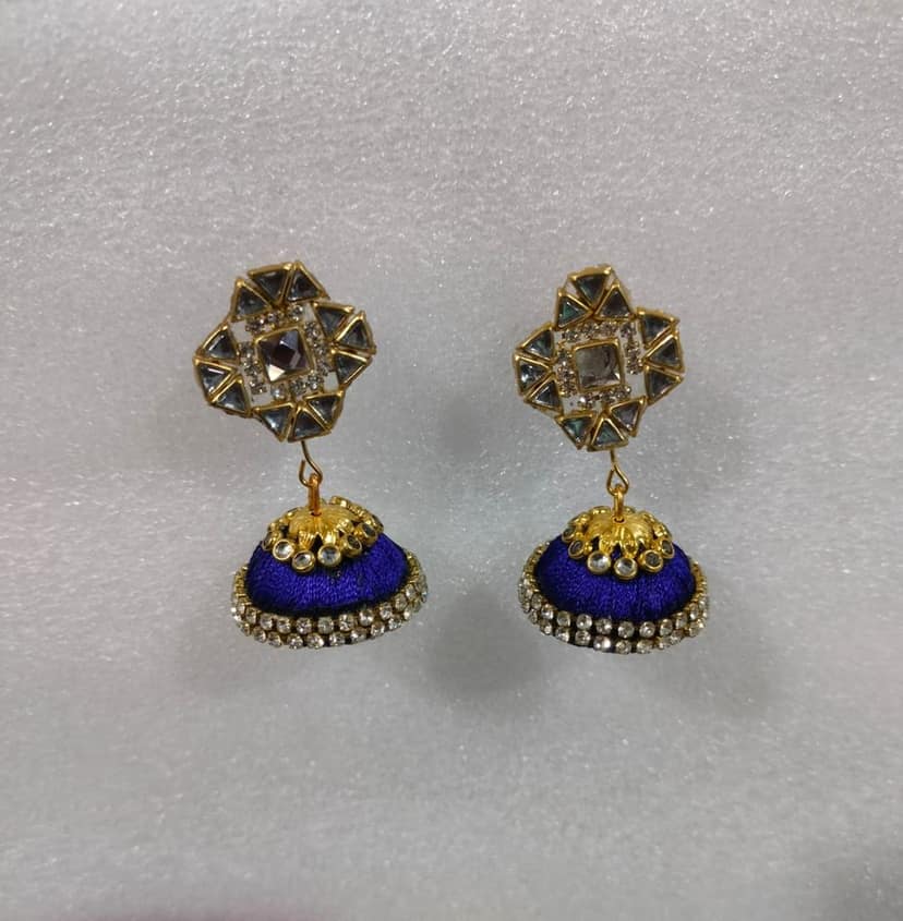Blue Silk Thread Jhumka Earrings with Rhinestones