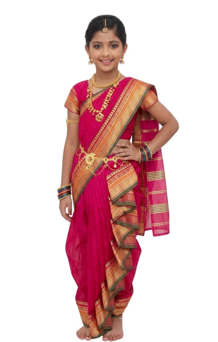 Mom and Me Girls' Ready-to-Wear Mastani Nauwari Saree with Stitched Blouse | Traditional Maharashtrian Ilkal Border | Soft Acrylic Cotton | Age 12 Months to 15 Years (Pink, 4-5 Years)