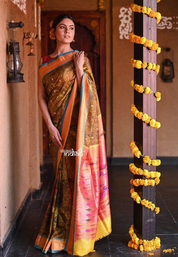 Agni~ Exclusive Pure Silk Handloom Printed Paithani in Mustard Yellow with an Orange border view 2