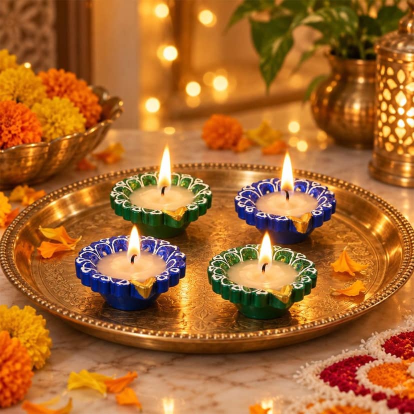 Decorative Flower-Shaped Clay Wax Diyas in Blue & Green (4 Pc) view 2