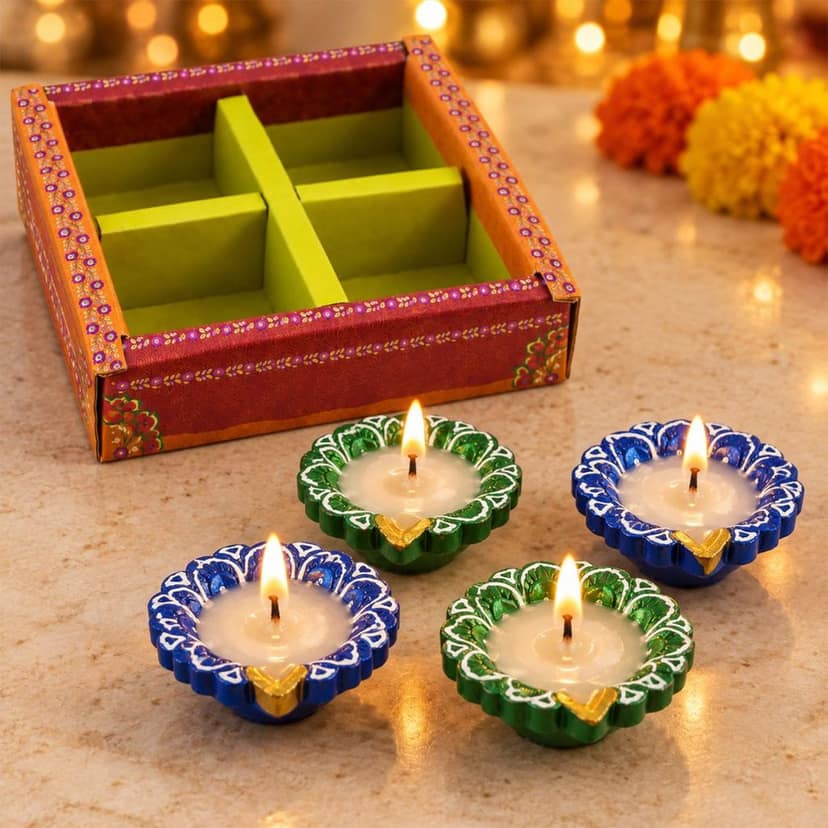 Decorative Flower-Shaped Clay Wax Diyas in Blue & Green (4 Pc) view 3