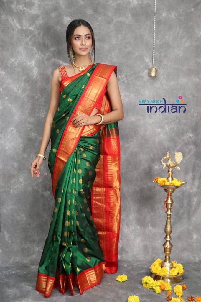 Rajsi~ Pure Silk Handloom Maharani Paithani - Deep Green with Red Border