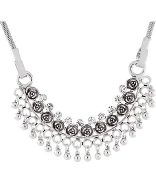 The Jewelbox Tribal Bohemian Afghan Choker Statement Grey Crystal Antique Oxidized Silver Long Necklace Chain Girls Women