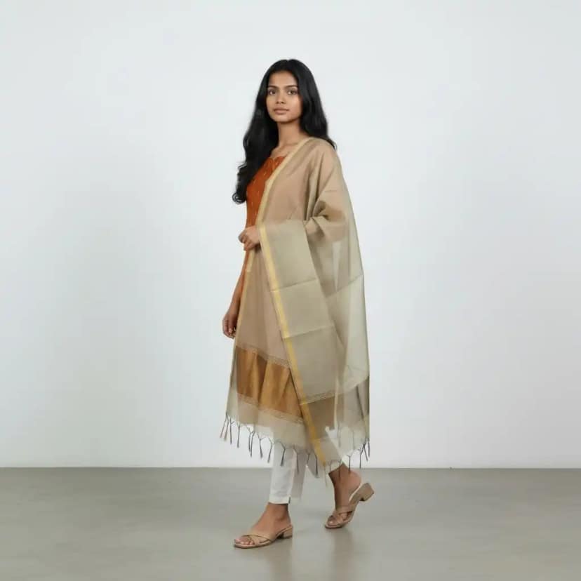 Mustard Raw Silk Kurti with Grey Zari-Border Dupatta, Mangalagiri view 2