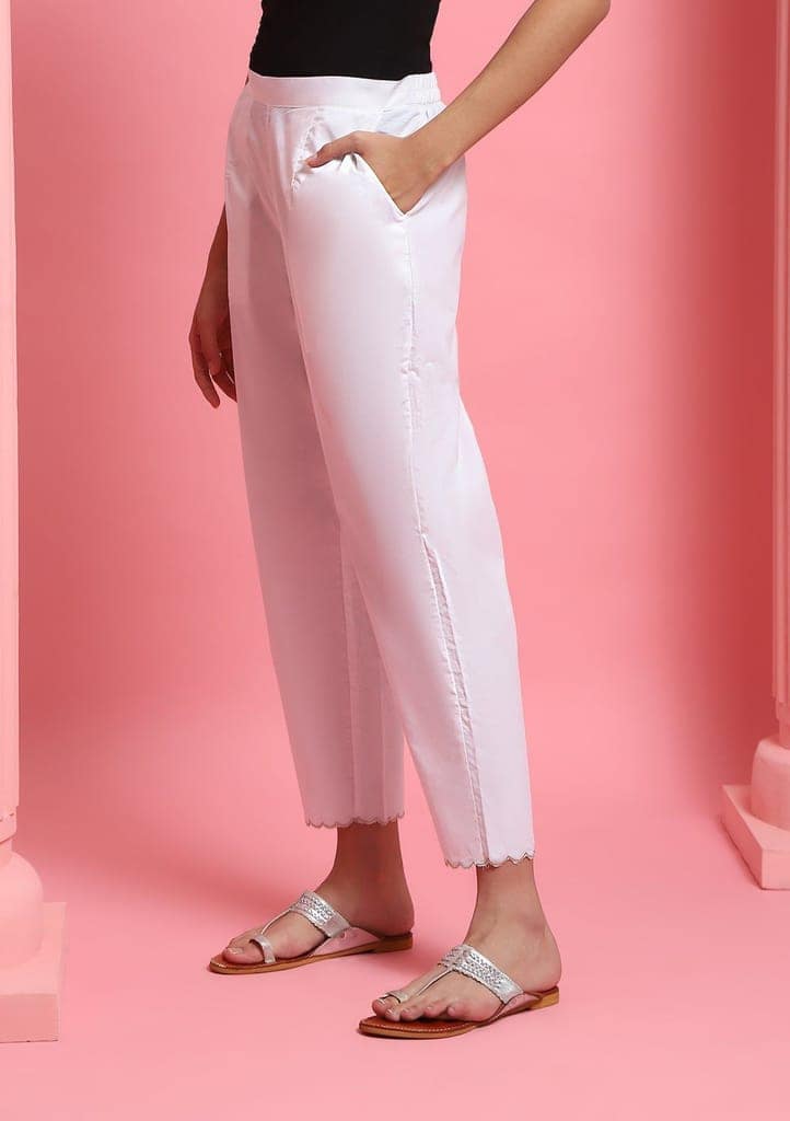 Cotton Scalloped Solid Women's Pants - White view 3