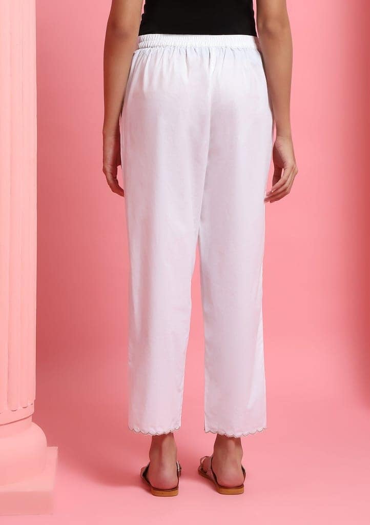 Cotton Scalloped Solid Women's Pants - White view 4