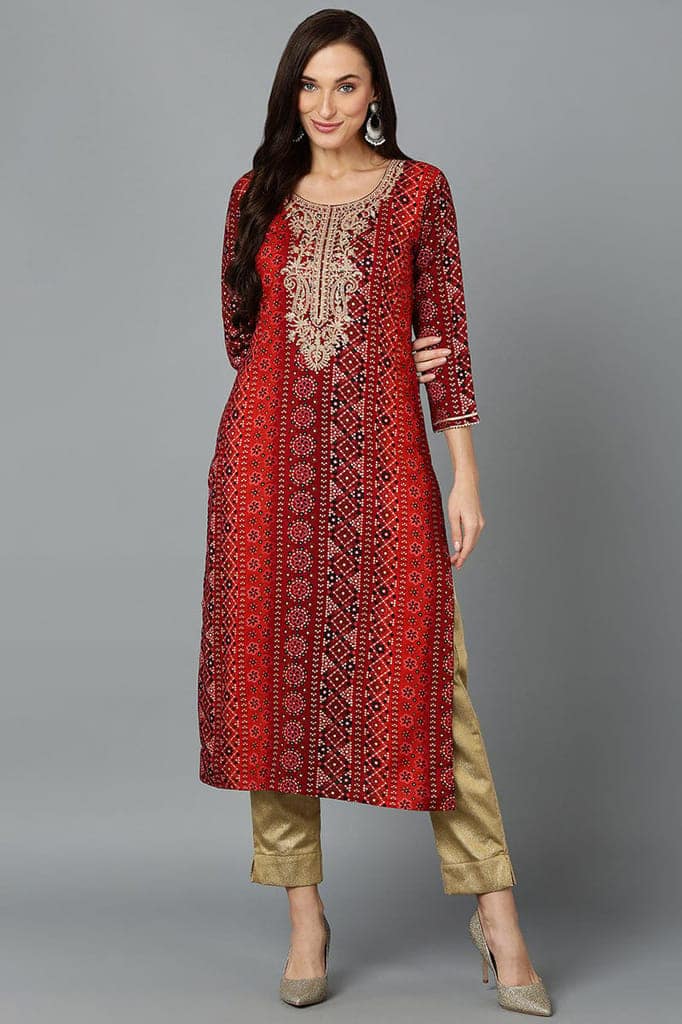 Cotton Blend Maroon Printed Straight Kurta VCK9238