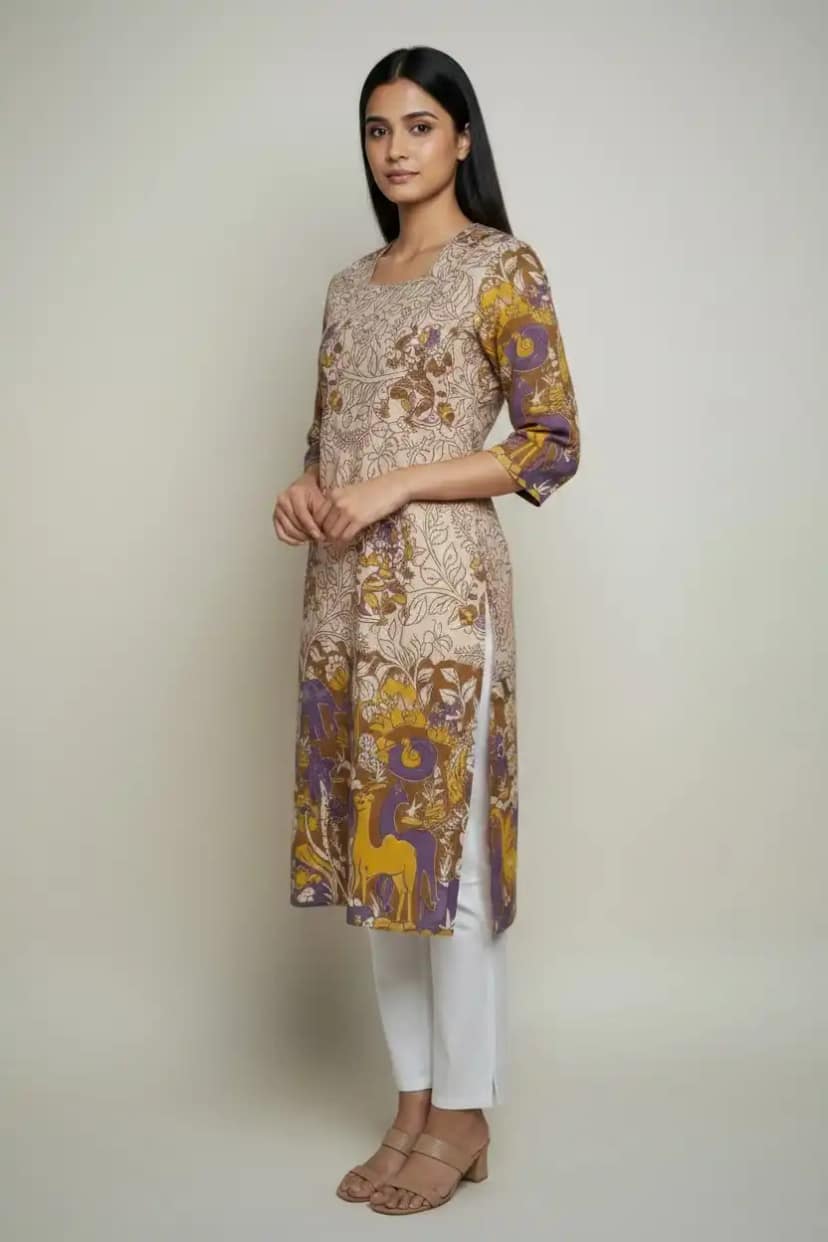 Pedana Kalamkari Cotton Kurti in Khaki Yellow with Animal Motifs view 2