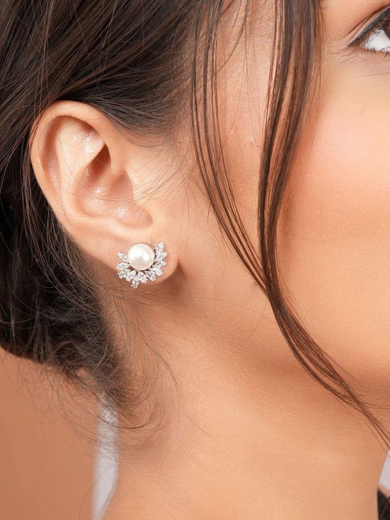 925 Sterling Silver Rhodium Plated Semi Flower Faux Pearl Studds Earrings view 2