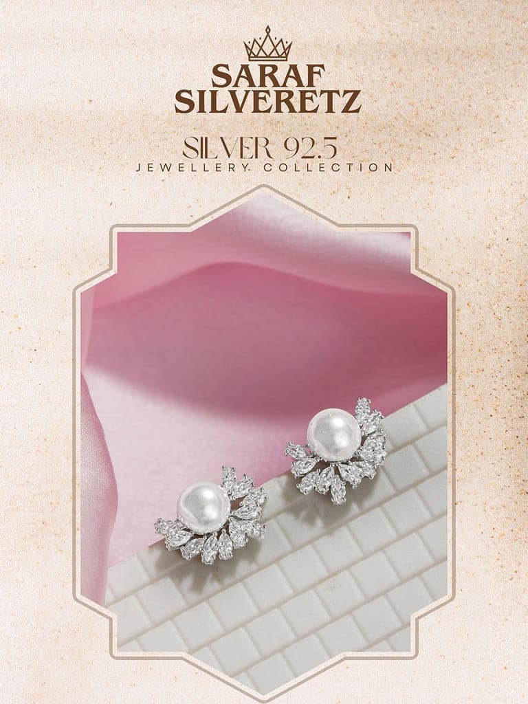 925 Sterling Silver Rhodium Plated Semi Flower Faux Pearl Studds Earrings view 3