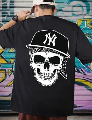 SCOTT FINCHER Men's Skull Graphic Tee with Yankees Cap - Urban Streetwear : AA(ARN)BLACK_298