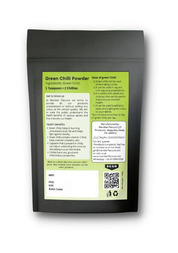 Meridian Flavours Dehydrated Green Chilli Powder | Washed and Cleaned | 100% Natural and Preservatives Free | 1 Teaspoon = 2 Green Chillies | (Green Chilli Powder, 50gm) view 3