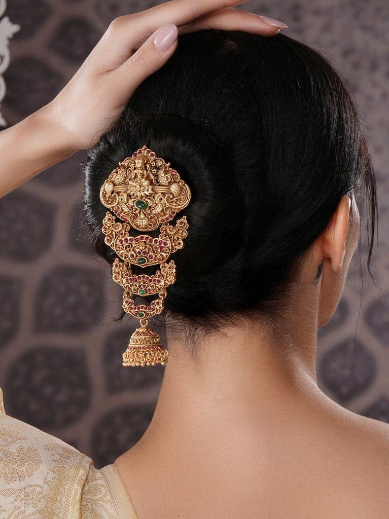 Gold Plated Red Kempo Studded Nagas Lakshmiji Temple Jadai Billa Hair Braid Choti view 2