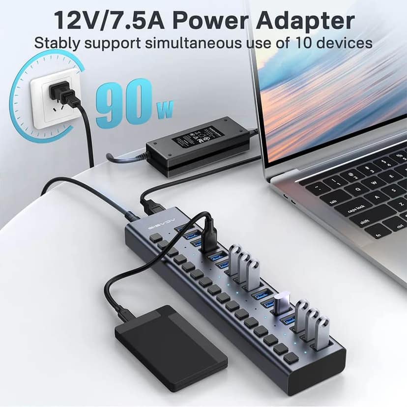 ACASIS USB 3.0 Hub Super Speed Splitter,16 Ports USB Data Hub with Power Adapter, Individual On/Off Switches and Lights for Laptop, PC,Desktop view 4
